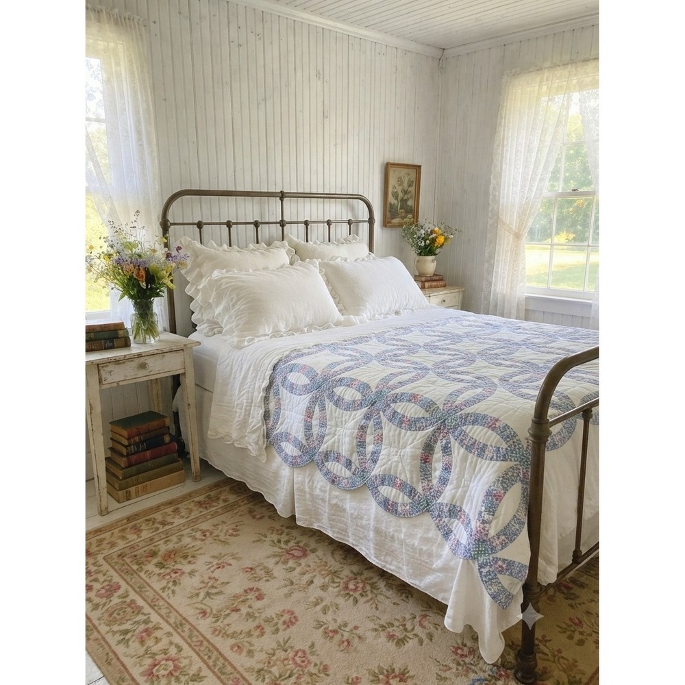 Handmade vintage double wedding ring quilt blue floral gingham Heirloom Cottage